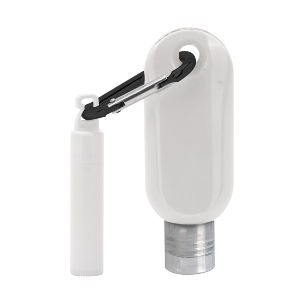 Custom 1.9 oz. SPF 50 Sunscreen with Carabiner and SPF 15 Lip Balm in White Tube with Hook Cap 1