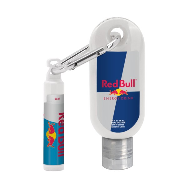 Custom 1.9 oz. SPF 50 Sunscreen with Carabiner and SPF 15 Lip Balm in White Tube with Hook Cap 1