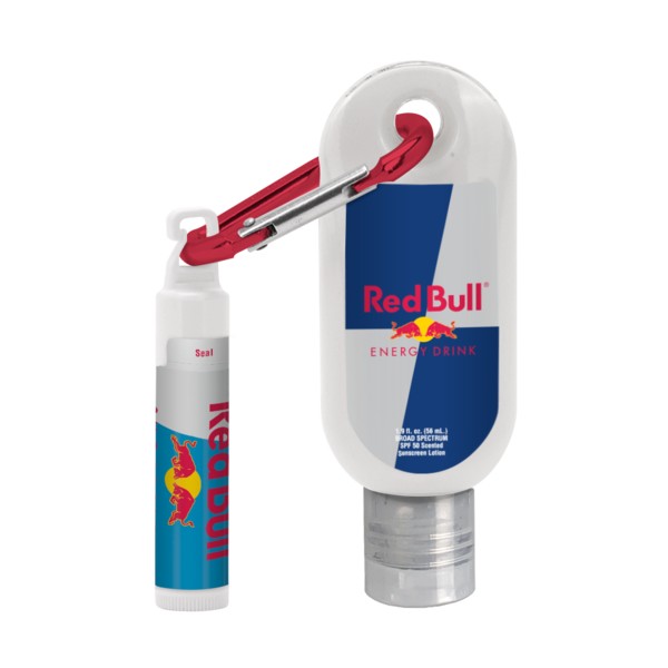 Custom 1.9 oz. SPF 50 Sunscreen with Carabiner and SPF 15 Lip Balm in White Tube with Hook Cap 1