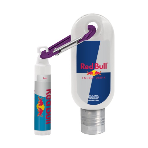 Custom 1.9 oz. SPF 50 Sunscreen with Carabiner and SPF 15 Lip Balm in White Tube with Hook Cap 1
