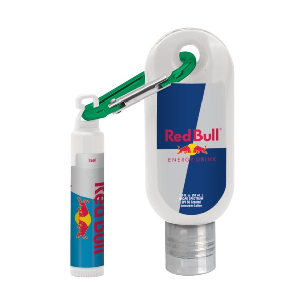 Custom 1.9 oz. SPF 50 Sunscreen with Carabiner and SPF 15 Lip Balm in White Tube with Hook Cap 1