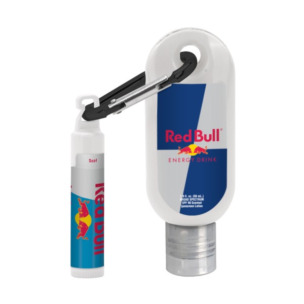 Custom 1.9 oz. SPF 50 Sunscreen with Carabiner and SPF 15 Lip Balm in White Tube with Hook Cap 1