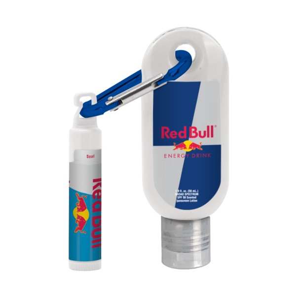 Custom 1.9 oz. SPF 50 Sunscreen with Carabiner and SPF 15 Lip Balm in White Tube with Hook Cap 1