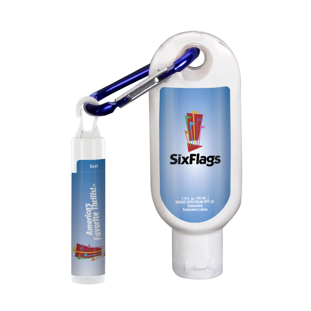 1.9 oz SPF 30 Sunscreen with Carabiner and SPF 15 Lip Balm in White Tube with Hook Cap 1