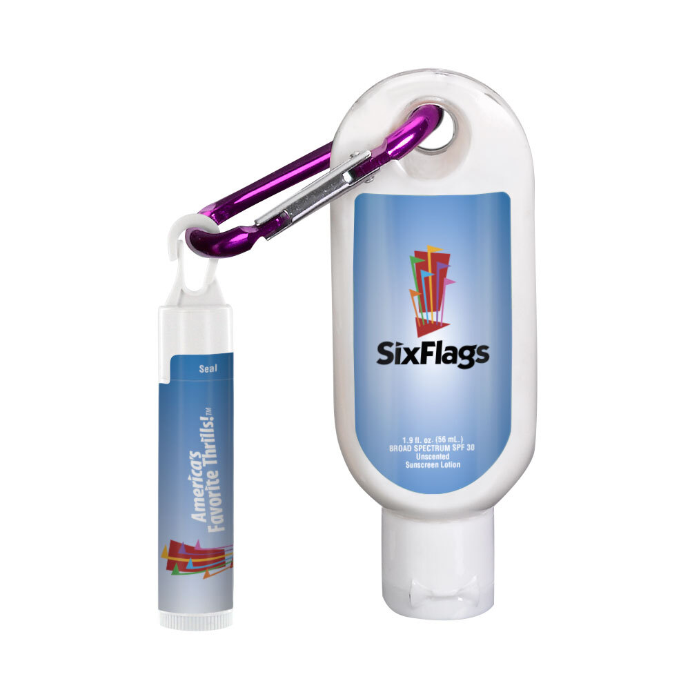 1.9 oz SPF 30 Sunscreen with Carabiner and SPF 15 Lip Balm in White Tube with Hook Cap 1