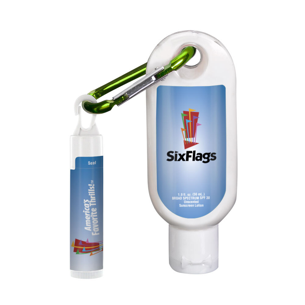 1.9 oz SPF 30 Sunscreen with Carabiner and SPF 15 Lip Balm in White Tube with Hook Cap 1