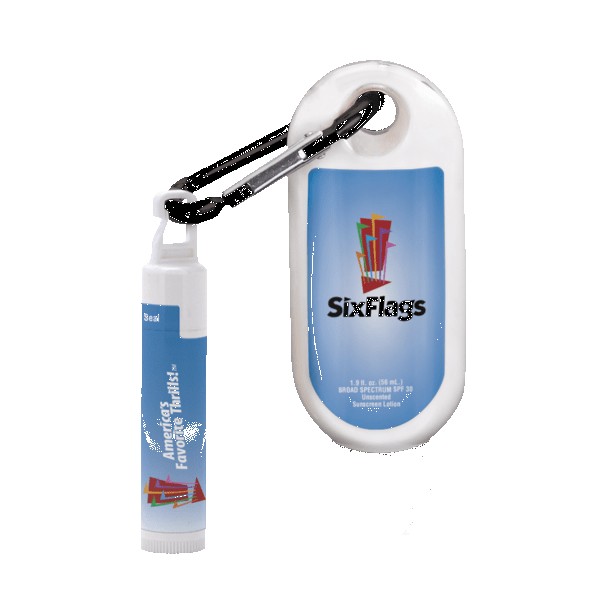 1.9 oz SPF 30 Sunscreen with Carabiner and SPF 15 Lip Balm in White Tube with Hook Cap 1
