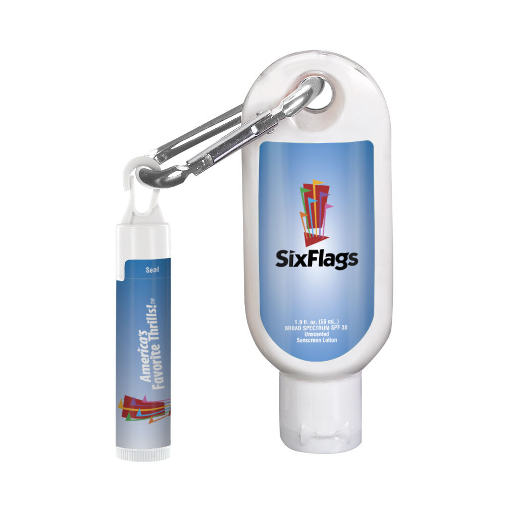 1.9 oz SPF 30 Sunscreen with Carabiner and SPF 15 Lip Balm in White Tube with Hook Cap 1