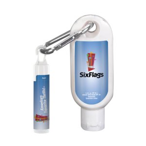 1.9 oz SPF 30 Sunscreen with Carabiner and SPF 15 Lip Balm in White Tube with Hook Cap 1 1.9 oz SPF 30 Sunscreen with Carabiner and SPF 15 Lip Balm in White Tube with Hook Cap 1