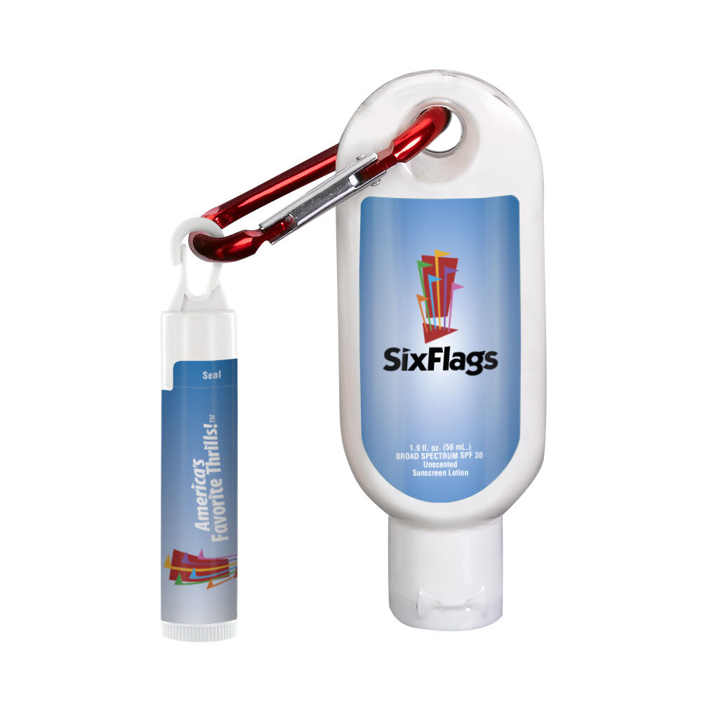 1.9 oz SPF 30 Sunscreen with Carabiner and SPF 15 Lip Balm in White Tube with Hook Cap 1