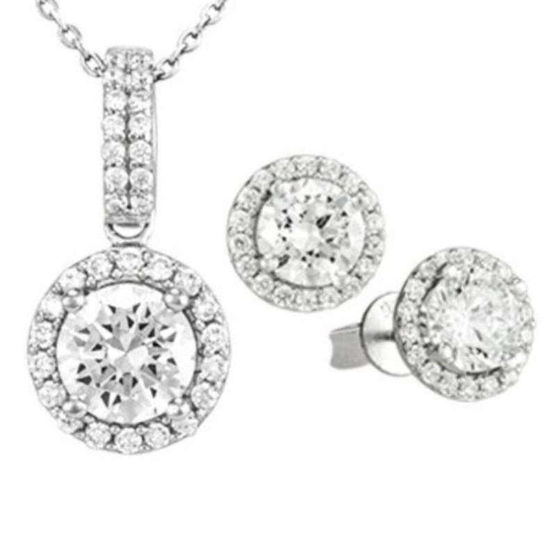 Antwerp Silver Beautiful Sterling Silver CZ Round Halo Earrings and Necklace Set 1 Antwerp Silver Beautiful Sterling Silver CZ Round Halo Earrings and Necklace Set 1