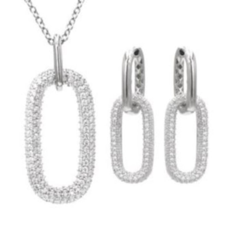 Antwerp Silver Sterling Silver CZ Dangle Paperclip Earrings and Necklace Set 1 Antwerp Silver Sterling Silver CZ Dangle Paperclip Earrings and Necklace Set 1