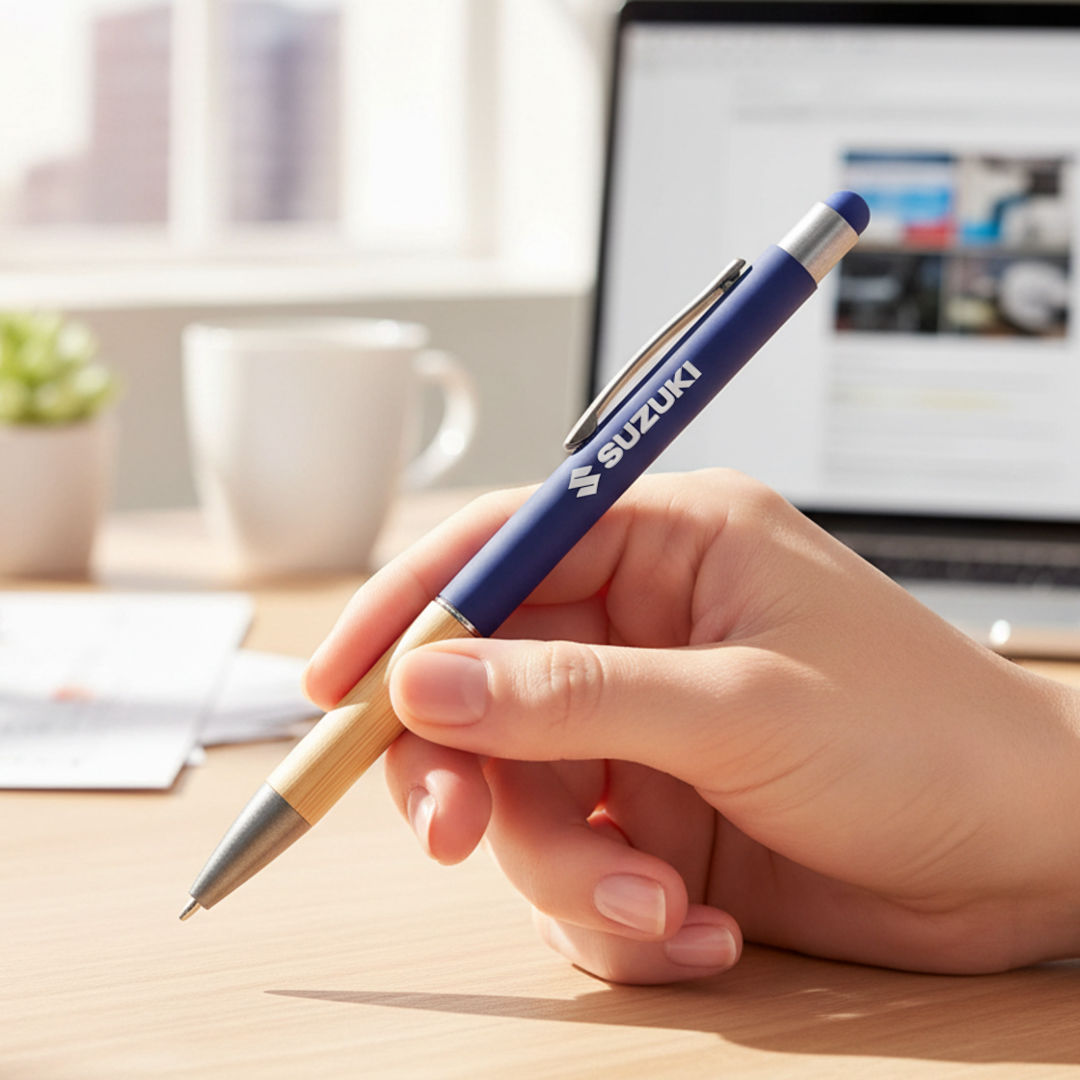 Assias Aluminum Pen w/Bamboo Grip & Blue Refill 1