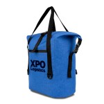 Milton rPET Heather Waterproof Tote Bag - Blue/Black Logo Front Angle View Milton rPET Heather Waterproof Tote Bag - Blue/Black Logo Front Angle View