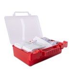 86 Piece OSHA Compliant First Aid Kit in Clear Hard Case - Red Open 86 Piece OSHA Compliant First Aid Kit in Clear Hard Case - Red Open