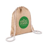 Jute Drawstring Bag - Tan Logo Front Angle Jute Drawstring Bag - Tan Logo Front Angle