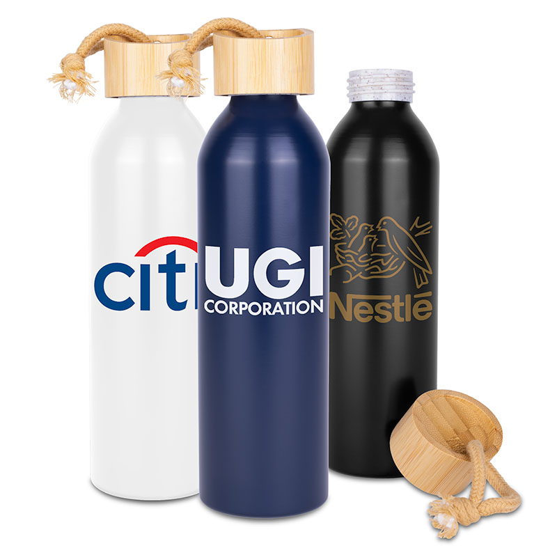 Meriden Sustainable Aluminum Bottle with Bamboo Lid & Cotton String Loop (Factory Direct 10-12 Weeks 1 Meriden Sustainable Aluminum Bottle with Bamboo Lid & Cotton String Loop (Factory Direct 10-12 Weeks 1