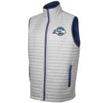 Unisex 100% Polyester Puffer Vest (5 Weeks Air) - Gray/Navy Blue Logo Front Angle Unisex 100% Polyester Puffer Vest (5 Weeks Air) - Gray/Navy Blue Logo Front Angle