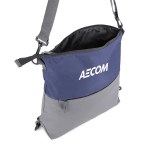 Ocean Plastic Two Tone Backpack Tote - Navy Blue/Gray Logo Opened Angle Ocean Plastic Two Tone Backpack Tote - Navy Blue/Gray Logo Opened Angle