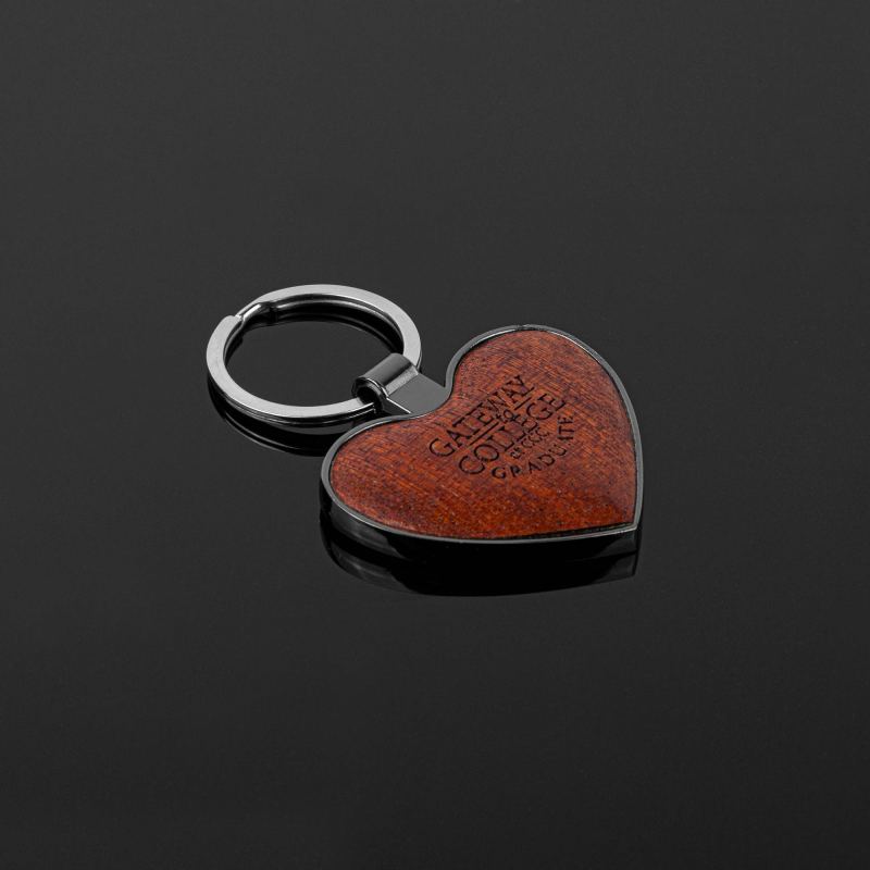 Heart-Shaped Beveled Wood Gun Metal Key Chain 1 Heart-Shaped Beveled Wood Gun Metal Key Chain 1