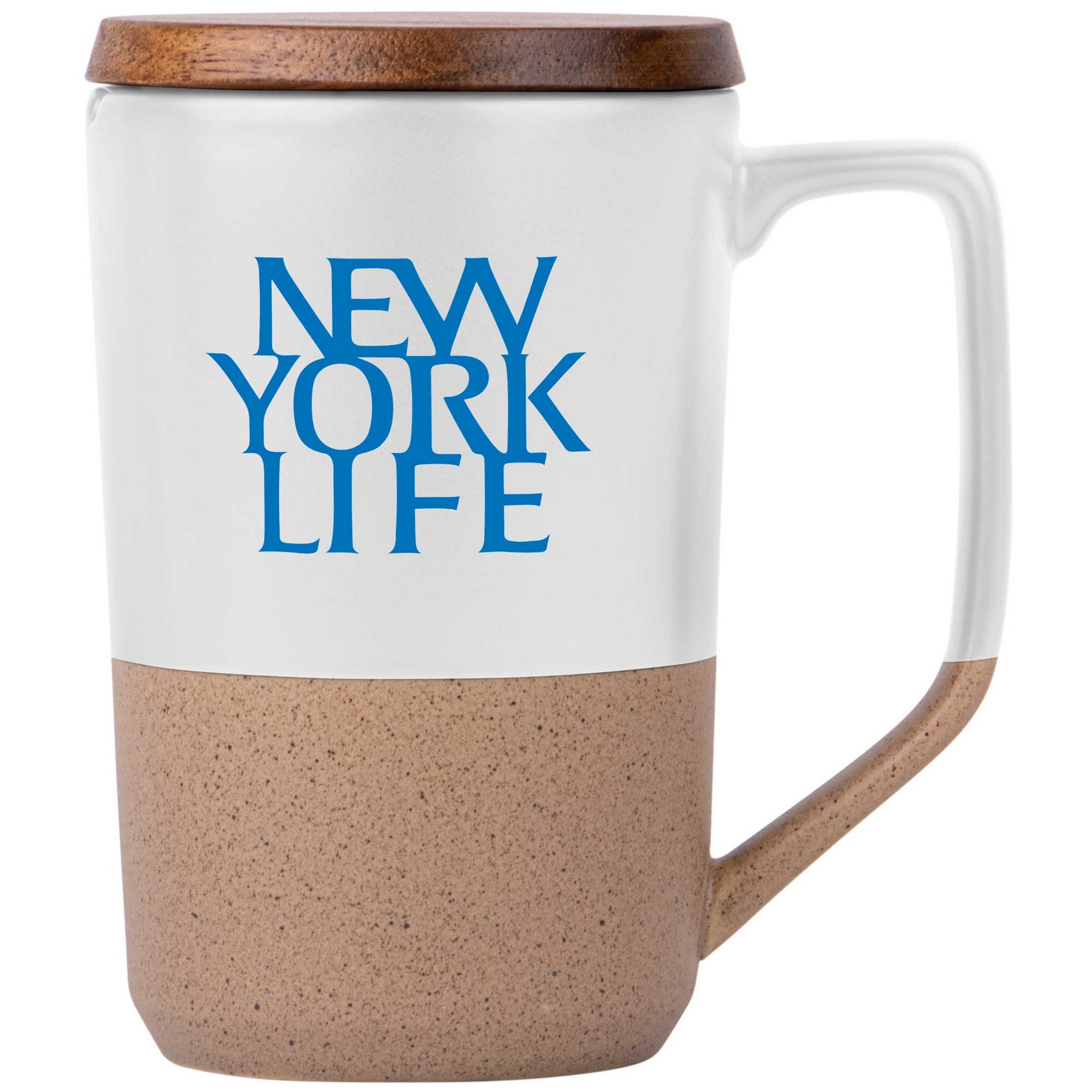 15oz. Tall Tapered Two-Tone Ceramic Coffee Mug with Wood Lid & Angled Handle 1
