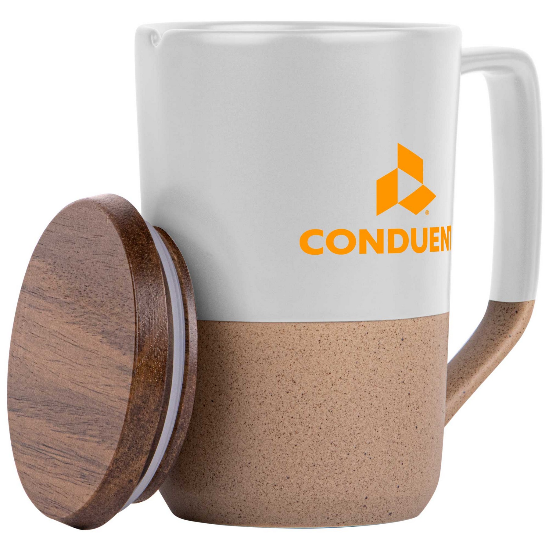 15oz. Tall Tapered Two-Tone Ceramic Coffee Mug with Wood Lid & Angled Handle 1