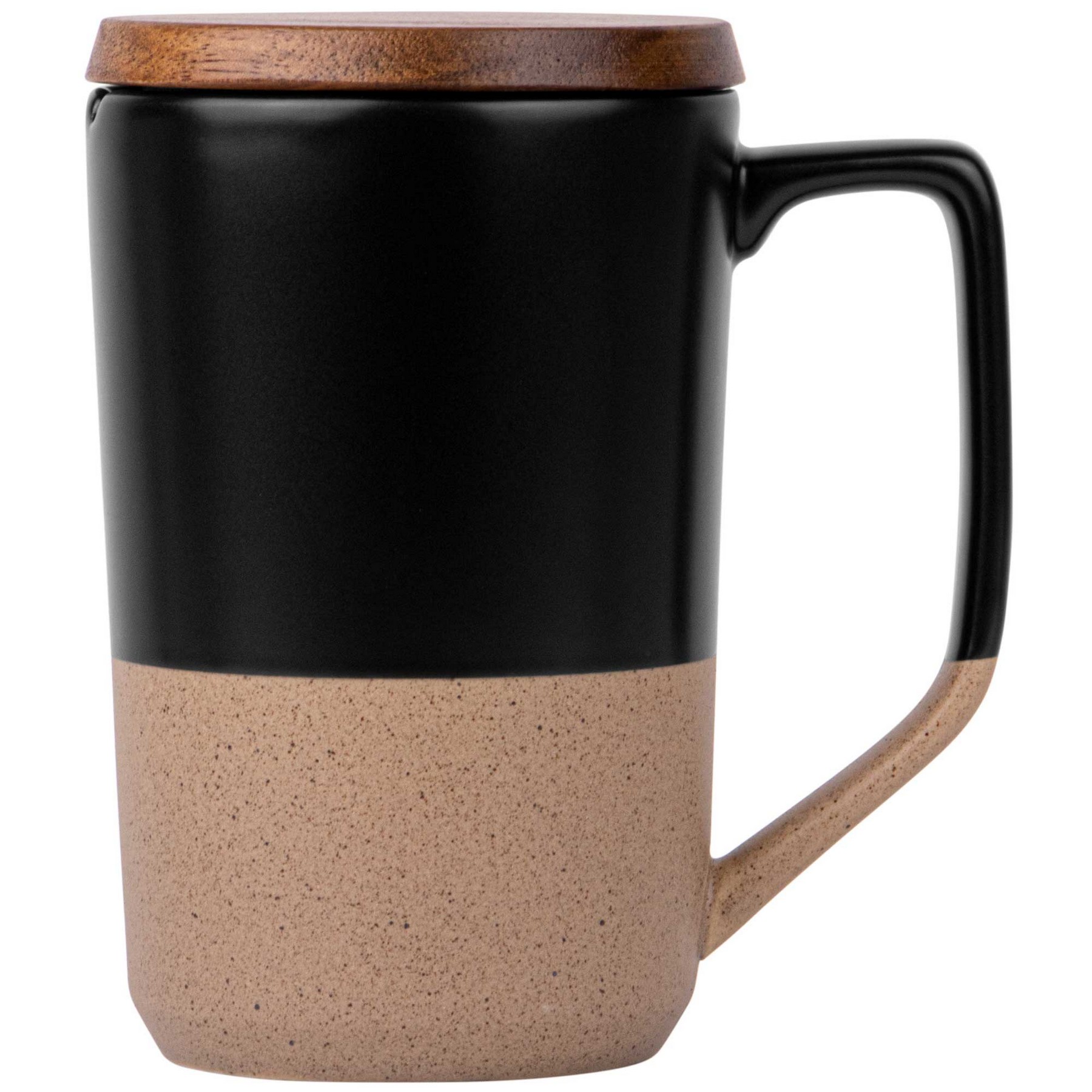 15oz. Tall Tapered Two-Tone Ceramic Coffee Mug with Wood Lid & Angled Handle 1