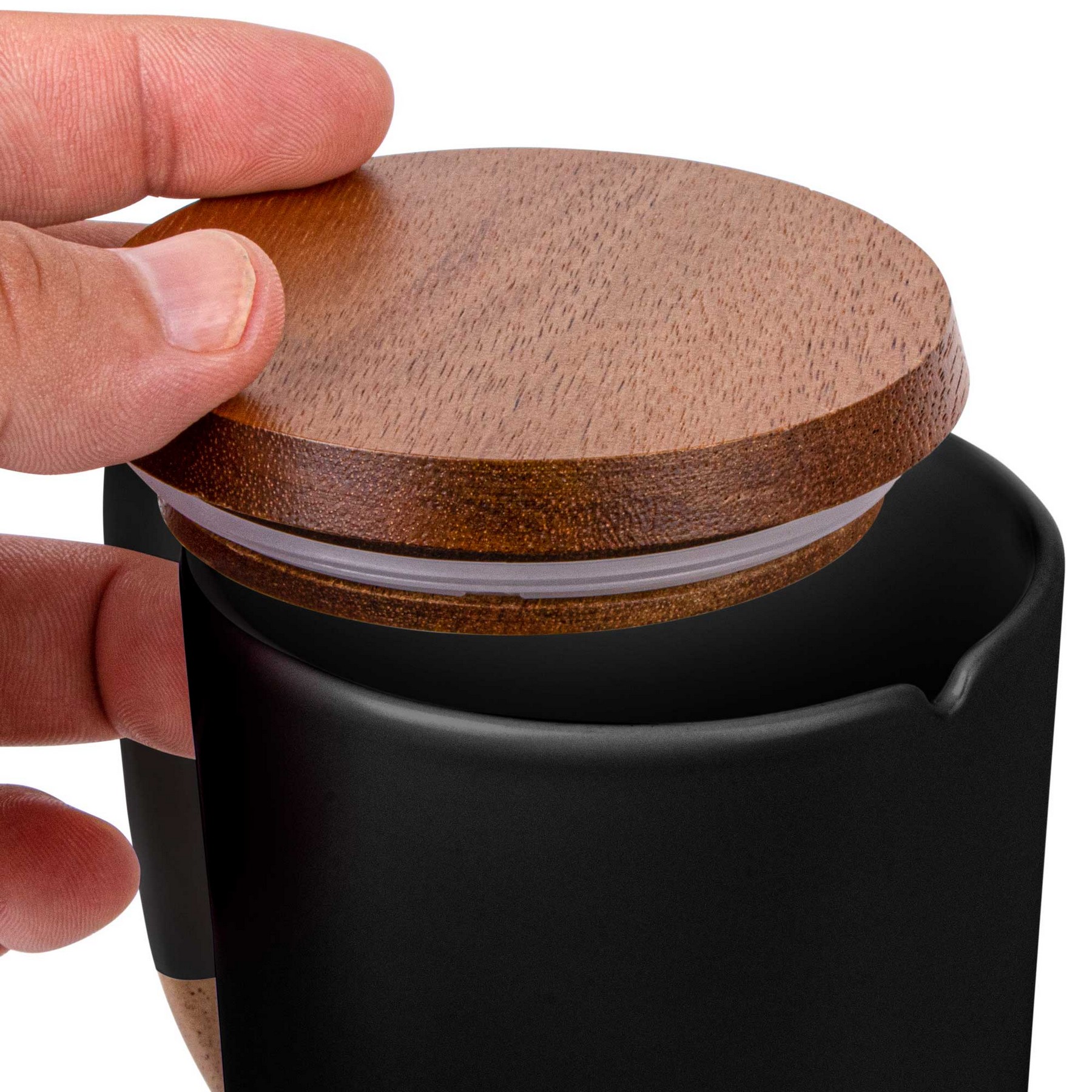 15oz. Tall Tapered Two-Tone Ceramic Coffee Mug with Wood Lid & Angled Handle 1