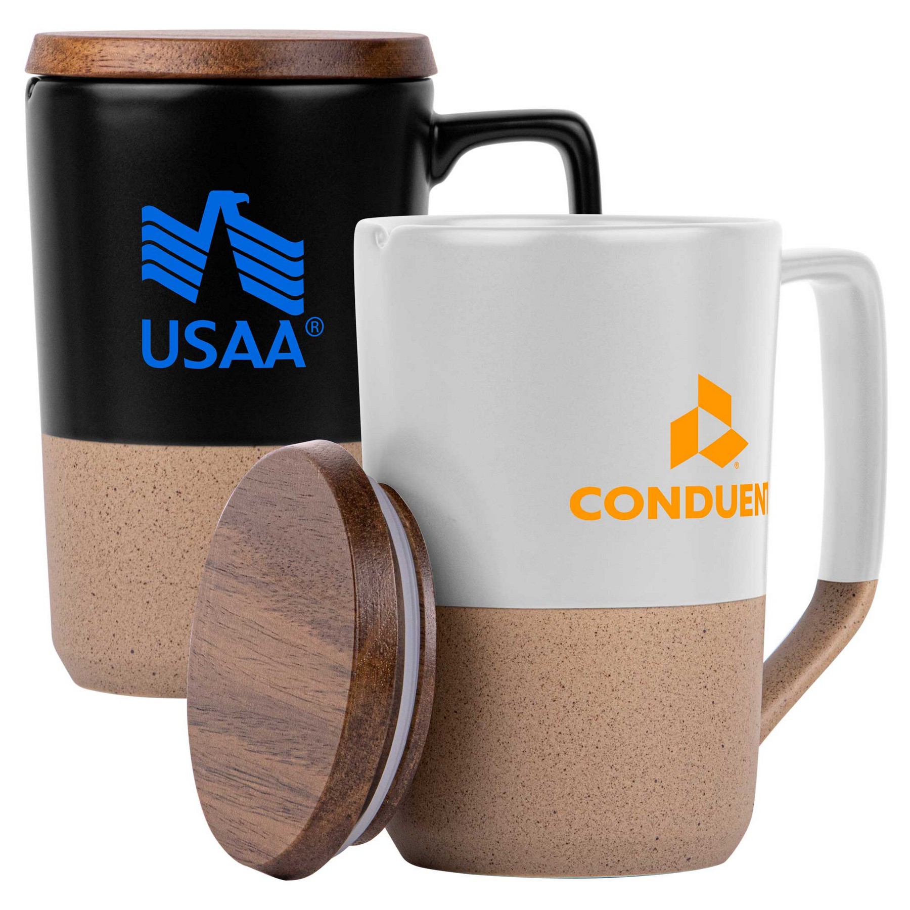 15oz. Tall Tapered Two-Tone Ceramic Coffee Mug with Wood Lid & Angled Handle 1