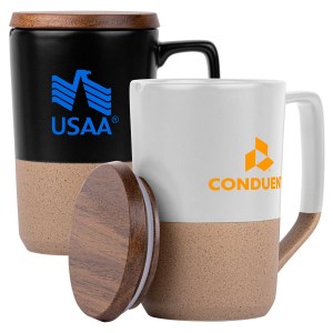 15oz. Tall Tapered Two-Tone Ceramic Coffee Mug with Wood Lid & Angled Handle 1 15oz. Tall Tapered Two-Tone Ceramic Coffee Mug with Wood Lid & Angled Handle 1