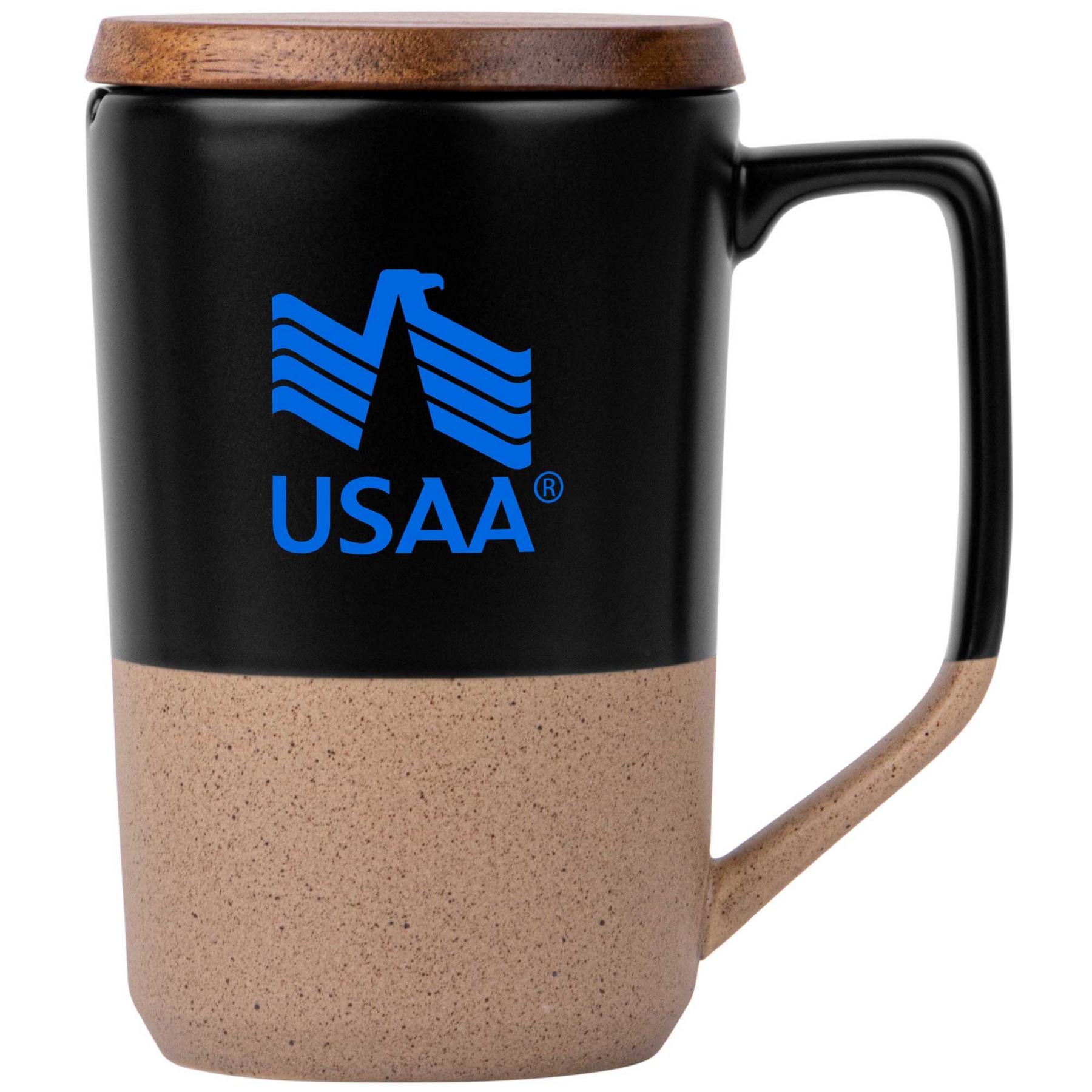 15oz. Tall Tapered Two-Tone Ceramic Coffee Mug with Wood Lid & Angled Handle 1