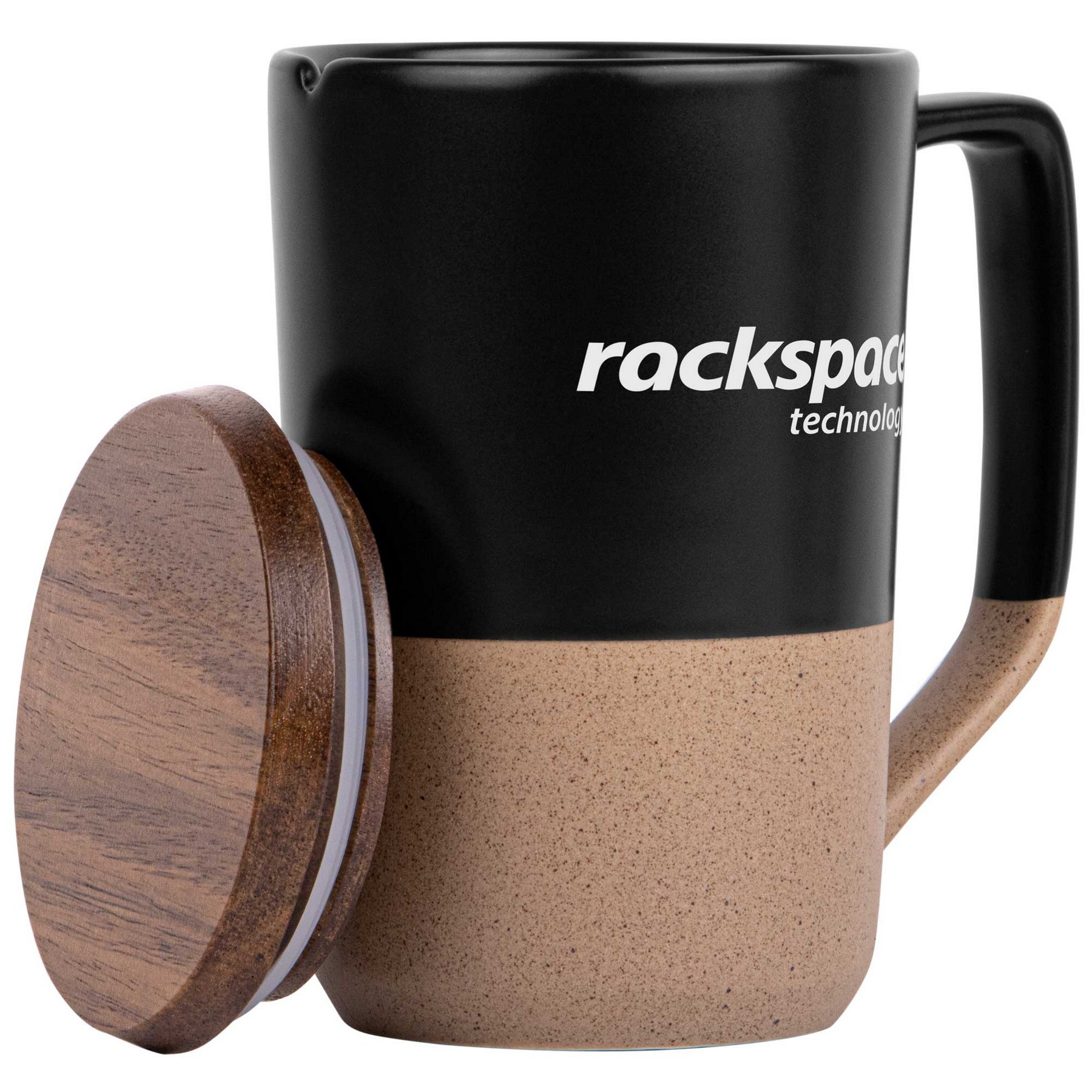 15oz. Tall Tapered Two-Tone Ceramic Coffee Mug with Wood Lid & Angled Handle 1
