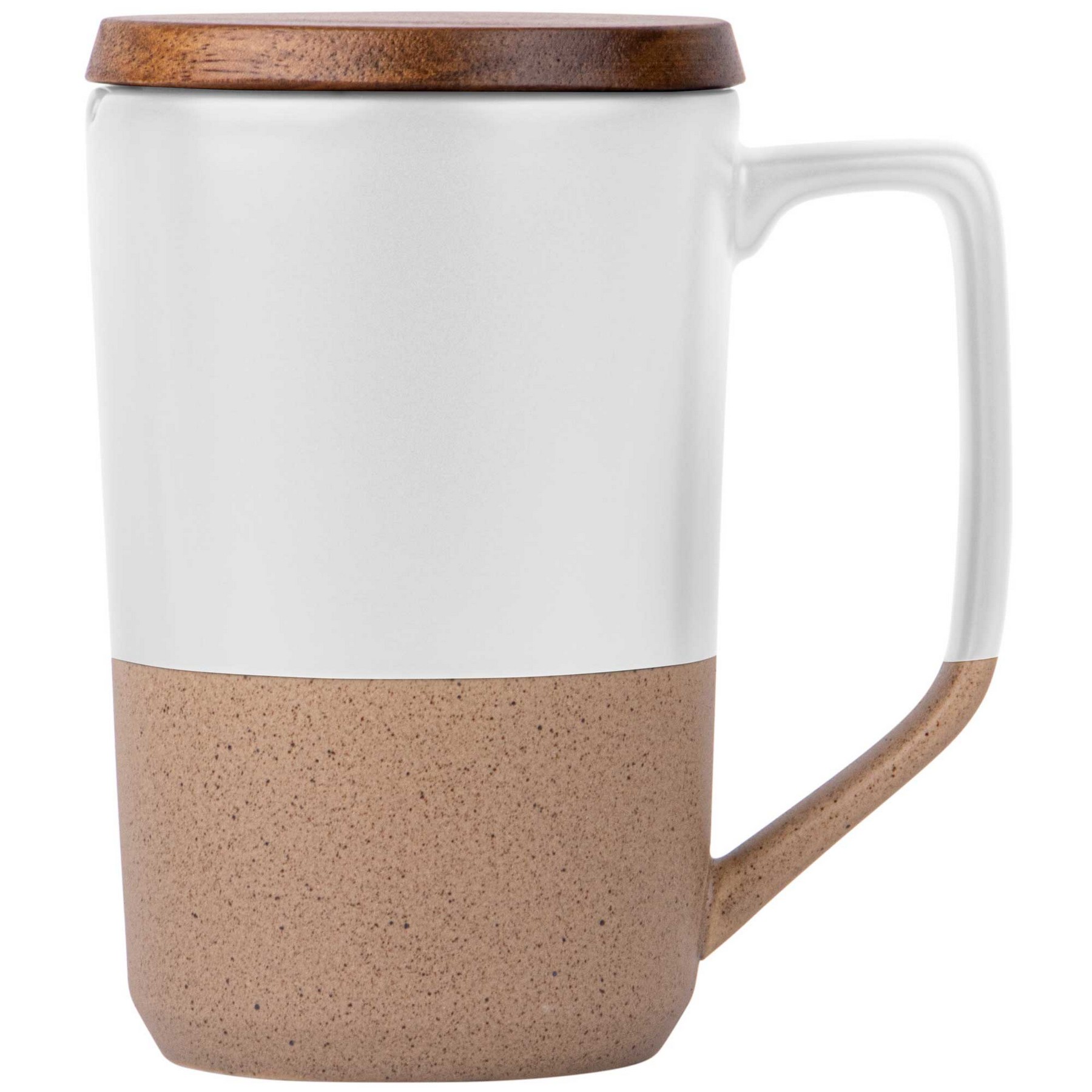 15oz. Tall Tapered Two-Tone Ceramic Coffee Mug with Wood Lid & Angled Handle 1