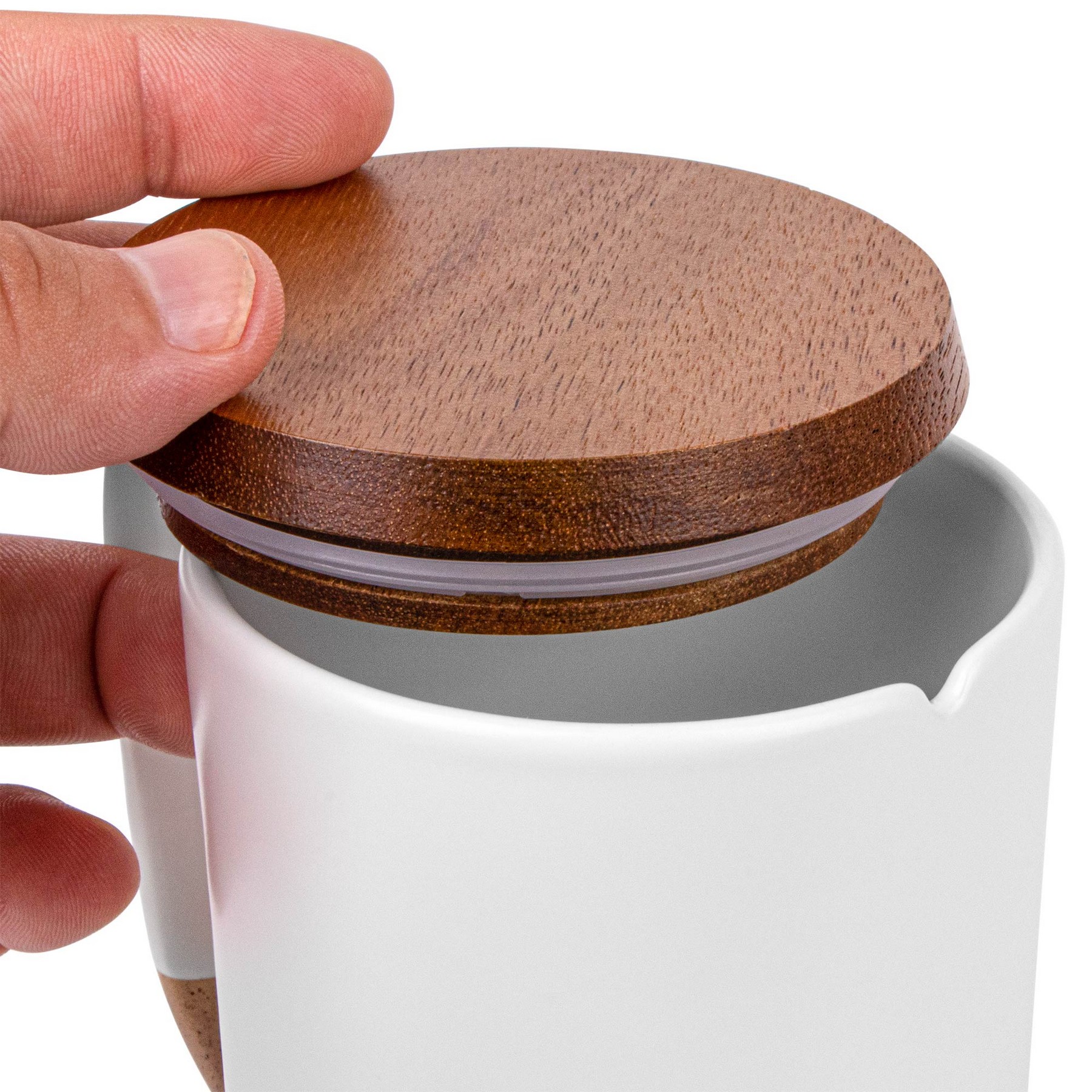 15oz. Tall Tapered Two-Tone Ceramic Coffee Mug with Wood Lid & Angled Handle 1