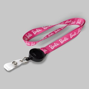 5/8" Pink custom lanyard printed with company logo with Black Badge Reel attachment 0.625" 1 5/8" Pink custom lanyard printed with company logo with Black Badge Reel attachment 0.625" 1