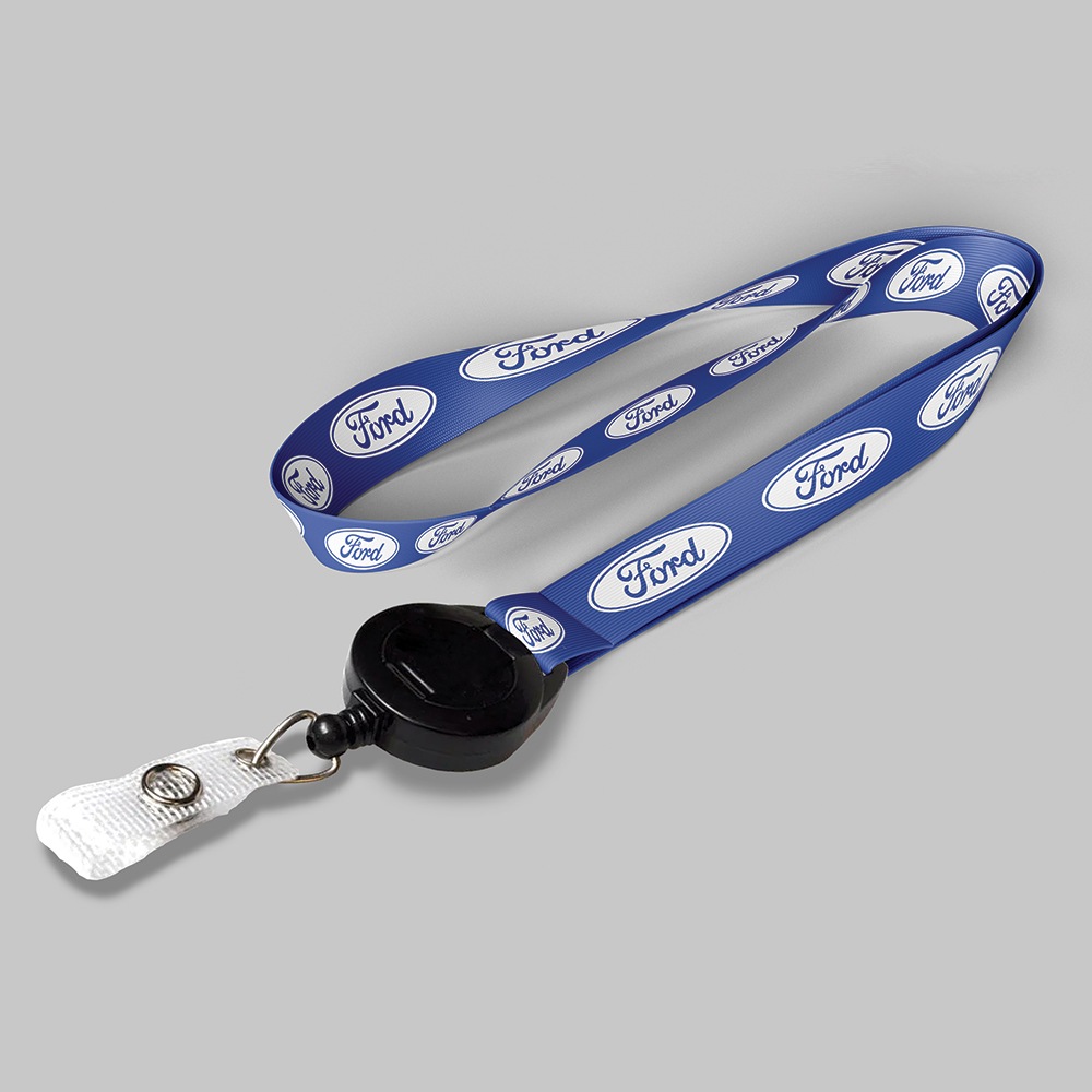 1" Blue custom lanyard printed with company logo with Black Badge Reel attachment 1" 1