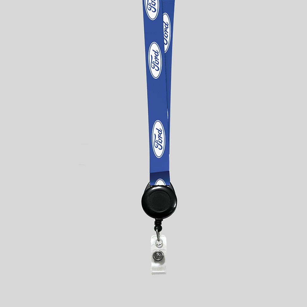 1" Blue custom lanyard printed with company logo with Black Badge Reel attachment 1" 1
