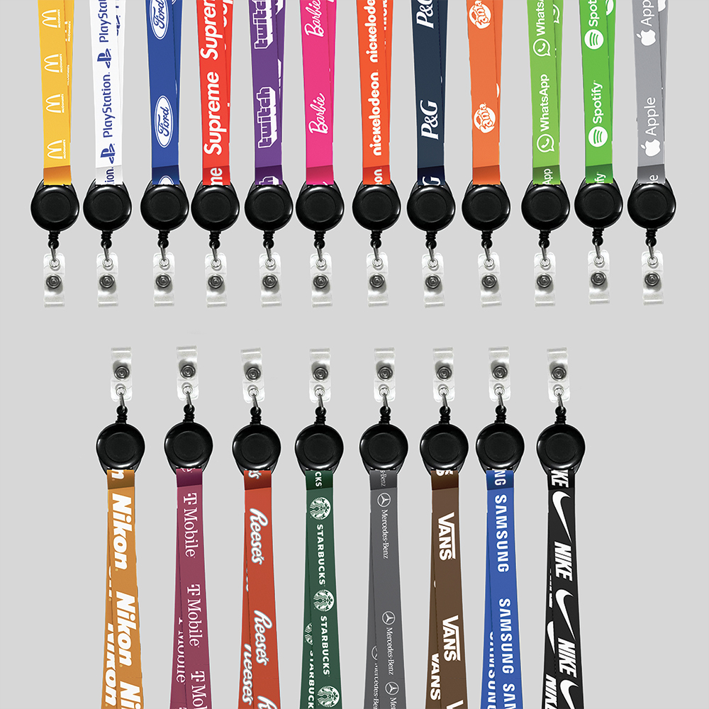 1" Blue custom lanyard printed with company logo with Black Badge Reel attachment 1" 1