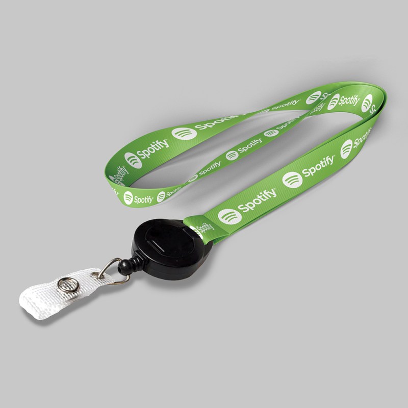 5/8" Forest Green custom lanyard printed with company logo with Black Badge Reel attachment 0.625" 1 5/8" Forest Green custom lanyard printed with company logo with Black Badge Reel attachment 0.625" 1
