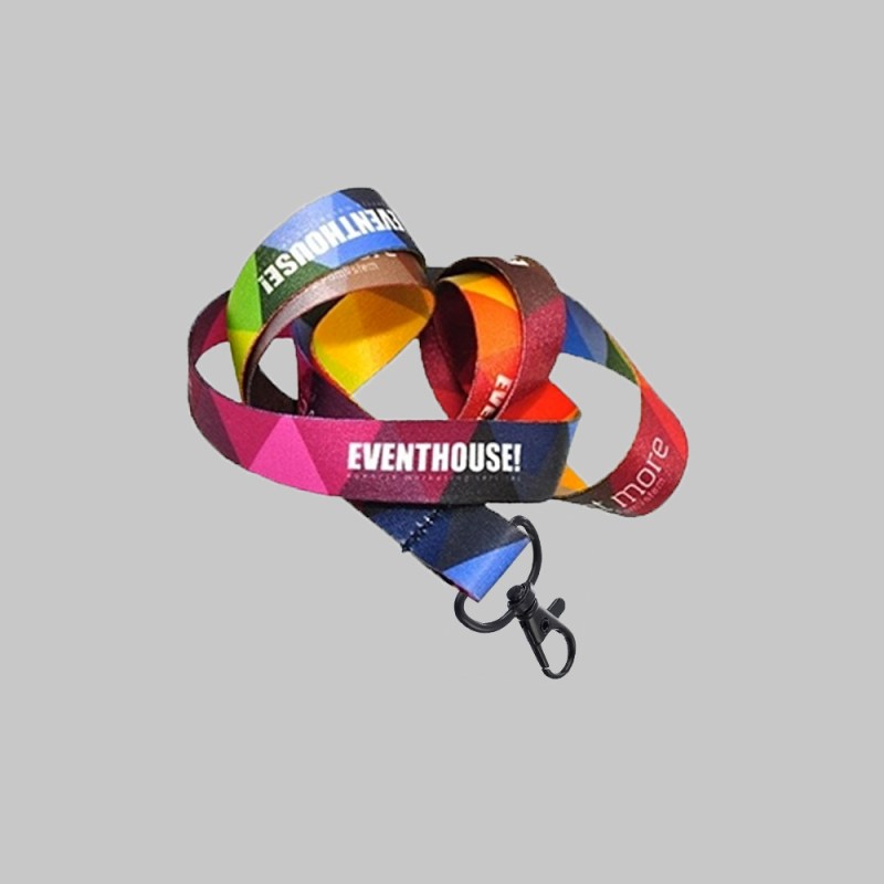 3/4" Full color custom lanyard printed with company logo with metal black hook attachment 0.75" 1 3/4" Full color custom lanyard printed with company logo with metal black hook attachment 0.75" 1