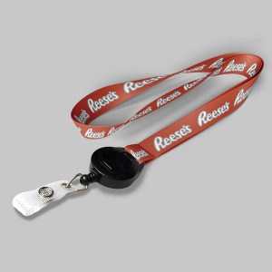 3/4" Texas Orange custom lanyard printed with company logo with Black Badge Reel attachment 0.75" 1 3/4" Texas Orange custom lanyard printed with company logo with Black Badge Reel attachment 0.75" 1