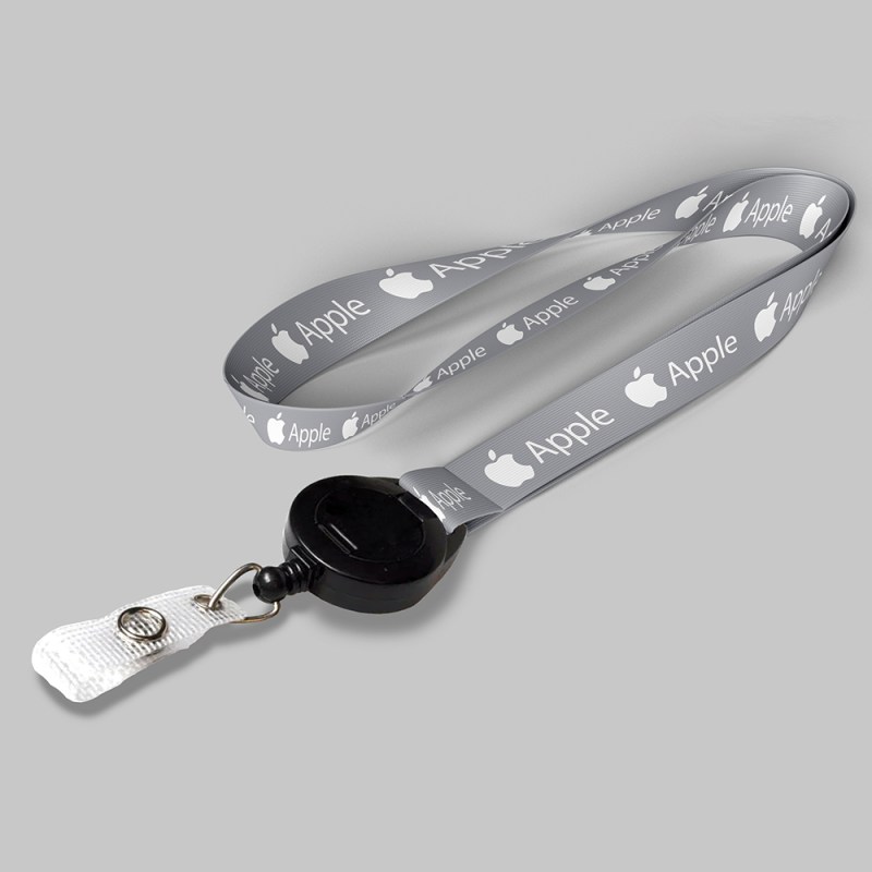 1/2" Gray custom lanyard printed with company logo with Black Badge Reel attachment 0.50" 1 1/2" Gray custom lanyard printed with company logo with Black Badge Reel attachment 0.50" 1