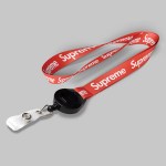 1" Red custom lanyard printed with company logo with Black Badge Reel attachment 1" 1 1" Red custom lanyard printed with company logo with Black Badge Reel attachment 1" 1