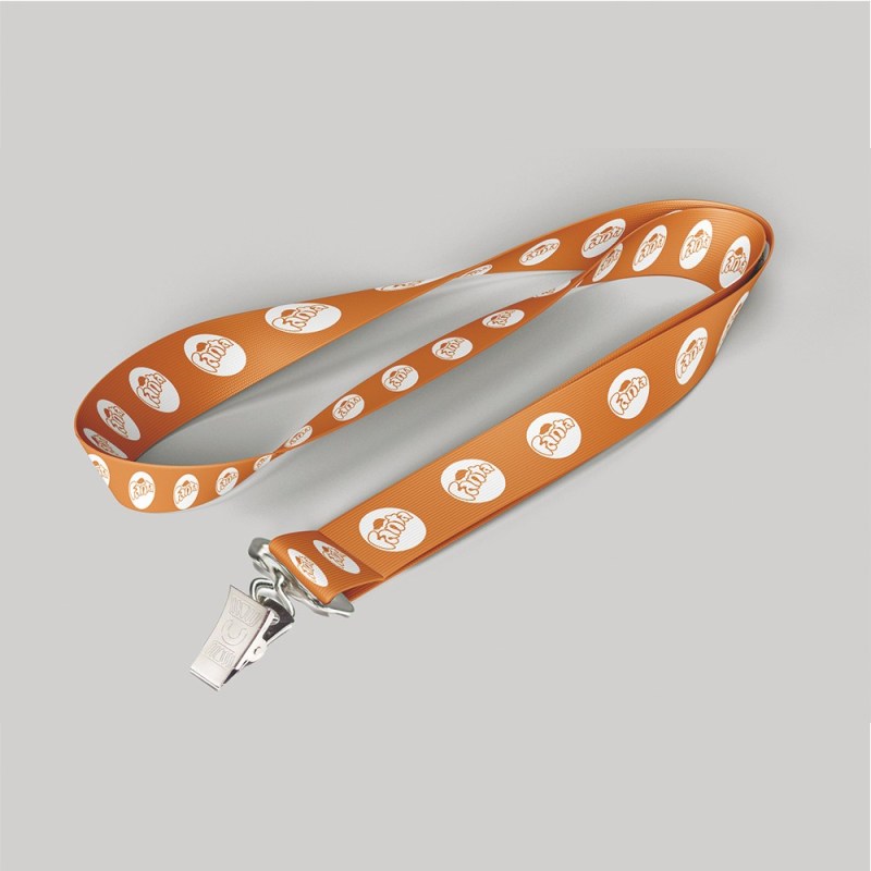 5/8" Light Orange custom lanyard printed with company logo with Bulldog Clip attachment 0.625" 1 5/8" Light Orange custom lanyard printed with company logo with Bulldog Clip attachment 0.625" 1
