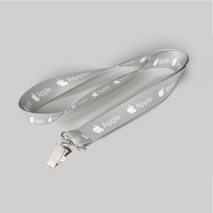 5/8" Gray custom lanyard printed with company logo with Bulldog Clip attachment 0.625" 1 5/8" Gray custom lanyard printed with company logo with Bulldog Clip attachment 0.625" 1