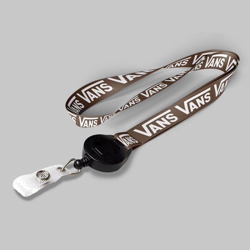 5/8" Brown custom lanyard printed with company logo with Black Badge Reel attachment 0.625" 1 5/8" Brown custom lanyard printed with company logo with Black Badge Reel attachment 0.625" 1