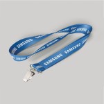 3/4" Royal Blue custom lanyard printed with company logo with Bulldog Clip attachment 0.75" 1 3/4" Royal Blue custom lanyard printed with company logo with Bulldog Clip attachment 0.75" 1