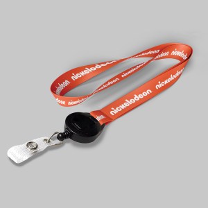 3/4" Orange custom lanyard printed with company logo with Black Badge Reel attachment 0.75" 1 3/4" Orange custom lanyard printed with company logo with Black Badge Reel attachment 0.75" 1