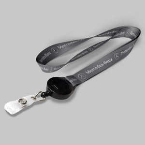 3/4" Charcoal custom lanyard printed with company logo with Black Badge Reel attachment 0.75" 1 3/4" Charcoal custom lanyard printed with company logo with Black Badge Reel attachment 0.75" 1