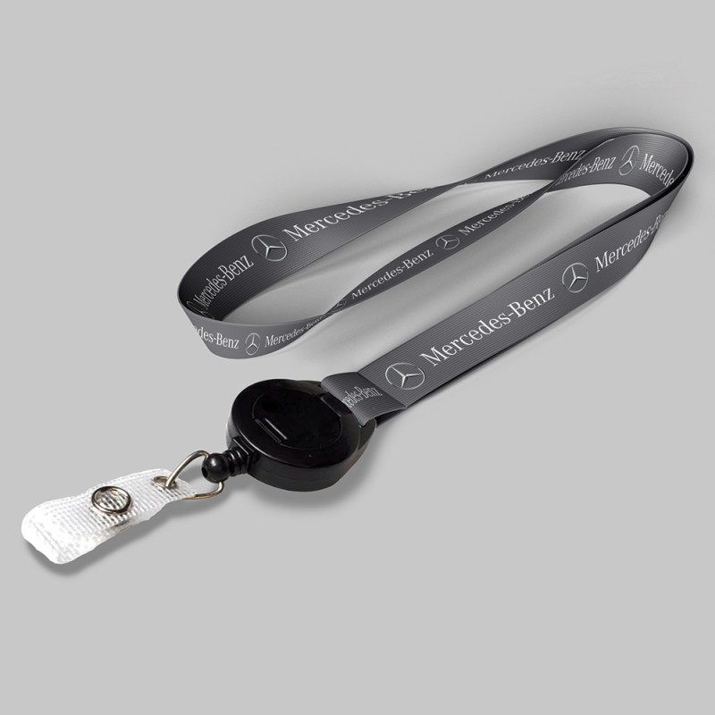 3/4" Charcoal custom lanyard printed with company logo with Black Badge Reel attachment 0.75" 1 3/4" Charcoal custom lanyard printed with company logo with Black Badge Reel attachment 0.75" 1